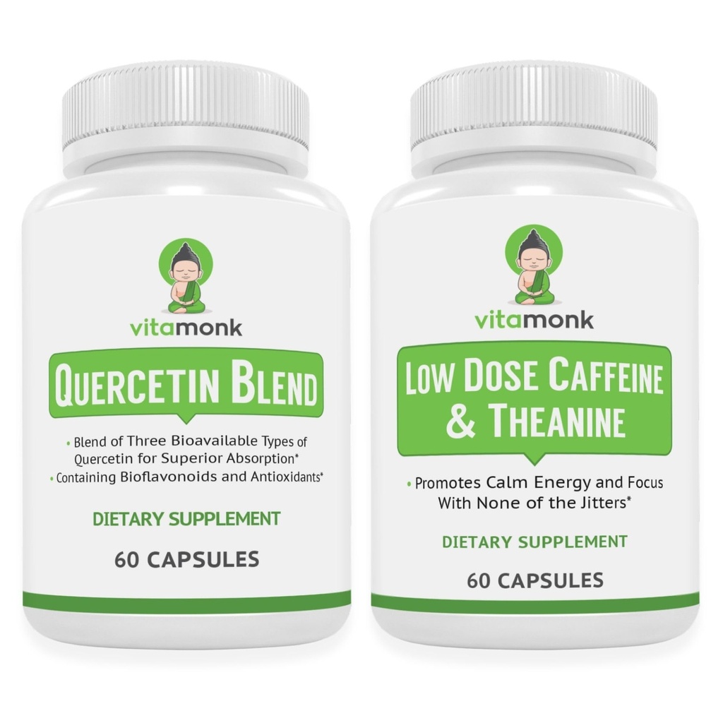 VitaMonk Quercetin Complex + Low Dose Caffeine with L-Theanine Bundle – Immune, Antioxidant & Energy Support – Quercetin 500 mg per Serving (2 Capsules) with Bromelain + 25 mg Caffeine