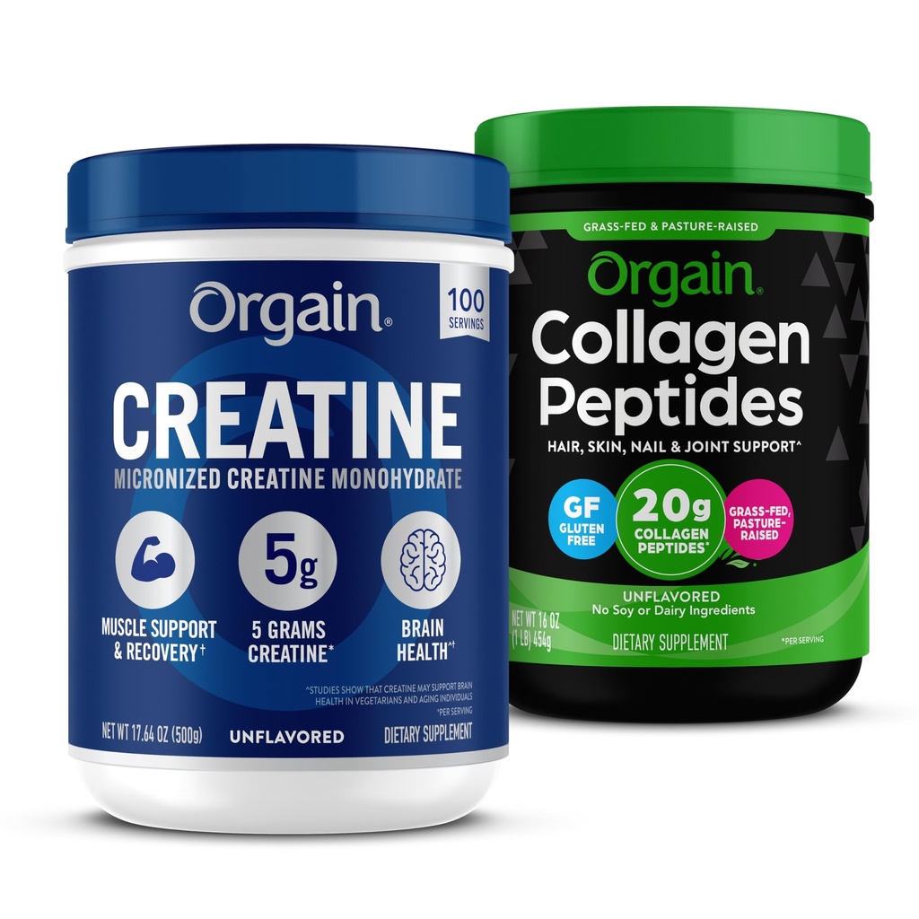 Poudre monohydratée d'orgaine en créatine 17.64 Oz (100 portions) et peptides de collagène Poudre de 1 lb (20 g d'herbe) - Suppléments non-OGM non aromatisés pour le soutien musculaire, cérébral, cutané et articulaire