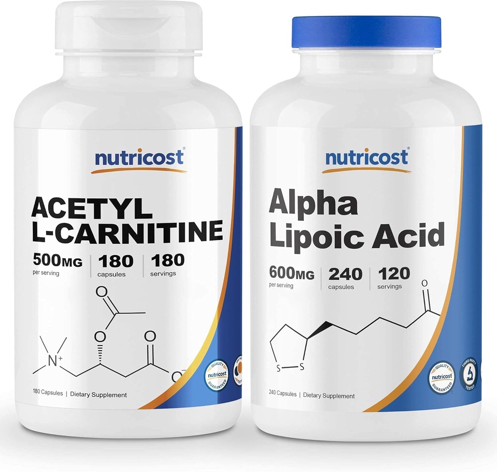 Acide alpha lipoïque Nutricost 600mg, 240caps et acétylL-Carnitine 500mg, 180caps