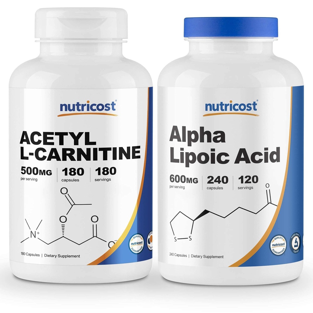 Acide alpha lipoïque Nutricost 600mg, 240caps et acétylL-Carnitine 500mg, 180caps