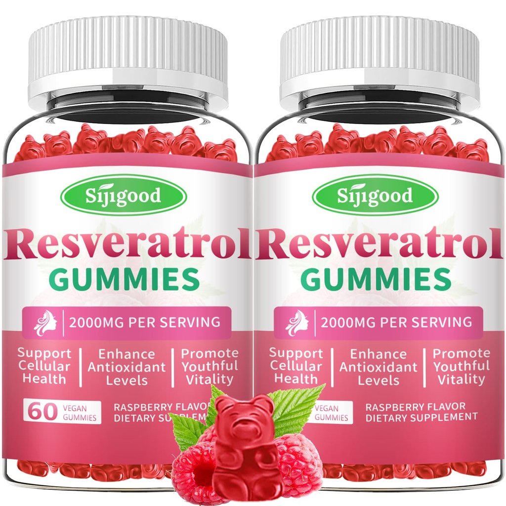 2 Pack Organic Resveratrol Gummies Supplement for Women Sugar Free | For Antioxidant Support, Cellular Health, Immunity, Brain & Energy, Raspberry Flavor, 120 Count