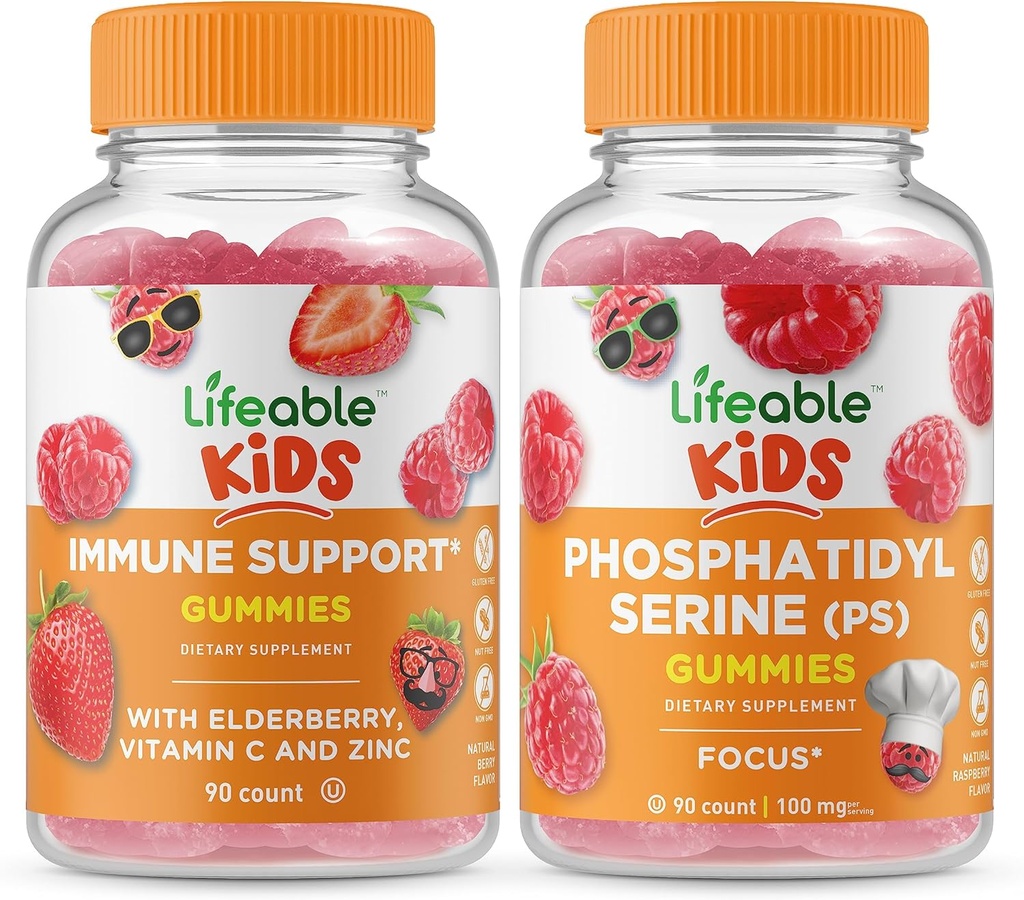 Soutien immunitaire durable pour les enfants + Phosphatidylsérine (PS) Enfants, Gommies Bundle - Grande dégustation, supplément de vitamine, sans gluten, sans OGM, gommy à croquer