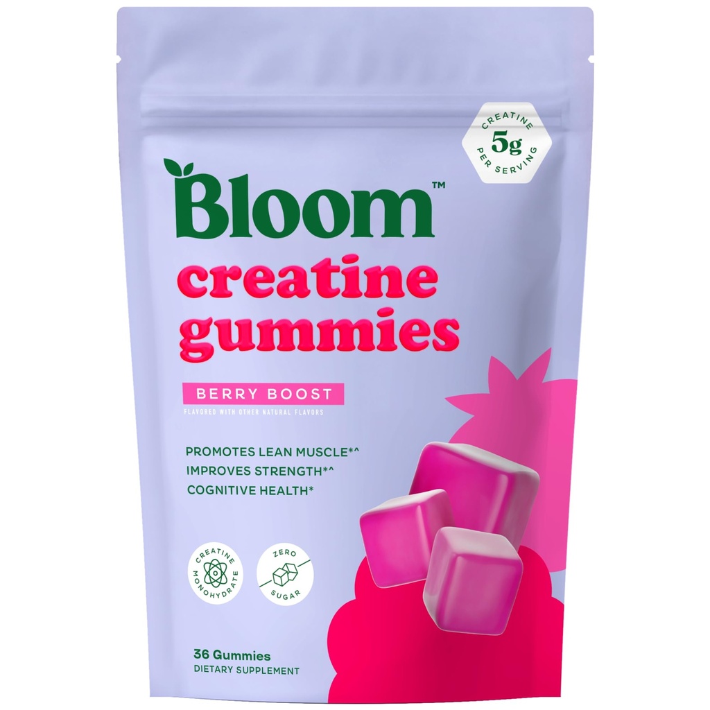 Gommies monohydratées de la créatine de Bloom, 5g par portion, Gommy de créatine sans sucre pour l'entraînement, la force, la santé cognitive et le soutien musculaire maigre, sans gluten et non OGM, Berry Boost, 36 Gommies, 12 SVG