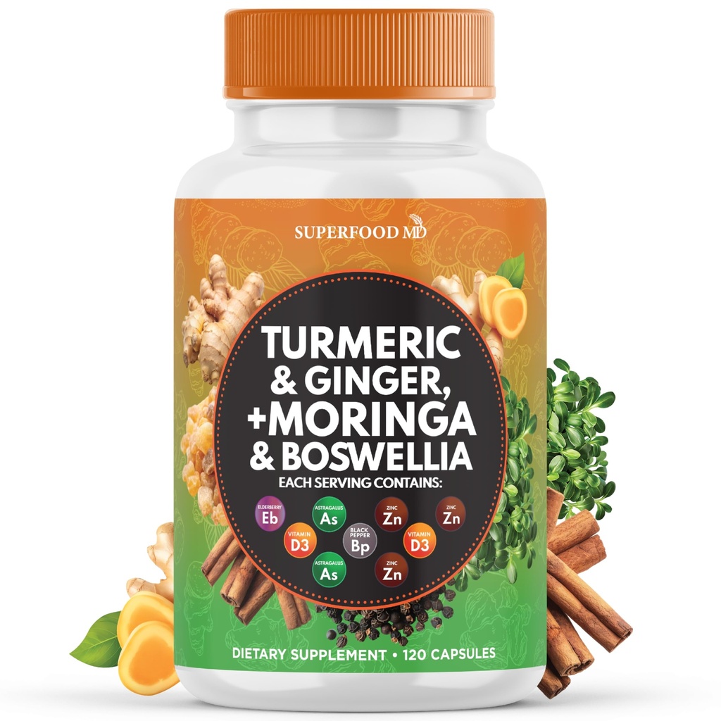 Supplément Turmeric Moringa de Ginger, Boswellia, Safran, Saint Basilic- Supplément de soutien conjoint pour les femmes et les hommes avec Ceylan Cinnamon, Quercetin, Tart Cherry- 120 comte