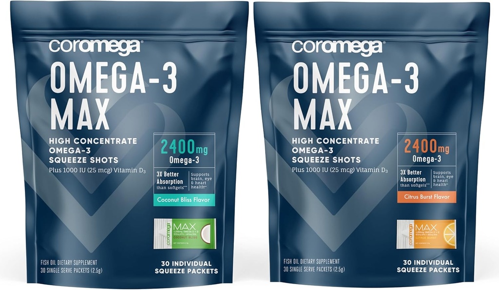 Coromega Omega-3 Trousse d'huile de poisson – 2400mg Omega-3s + Vitamine D, 3X Mieux Absorption, Pas d'arrière-goût de poisson, Bliss & Citrus Arômes Burst, 60 Paquets de pression