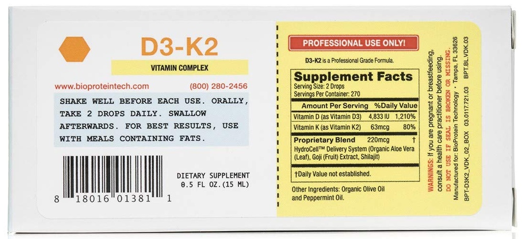 D3-K2 by BioProtein Technology - Liquid Sublingual Vitamin D3 / K2 ) 0.5 oz