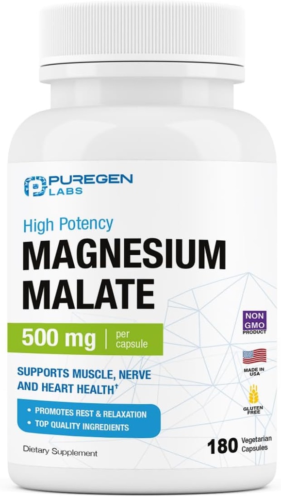 Puregen Labs Magnésium Malate 500mg de magnésium élémentaire de haute puissance de 180 Veggie Caps, Absorption supérieure, Non-OGM, NO Gluten et laiterie, soutient la santé musculaire, articulaire et cardiaque