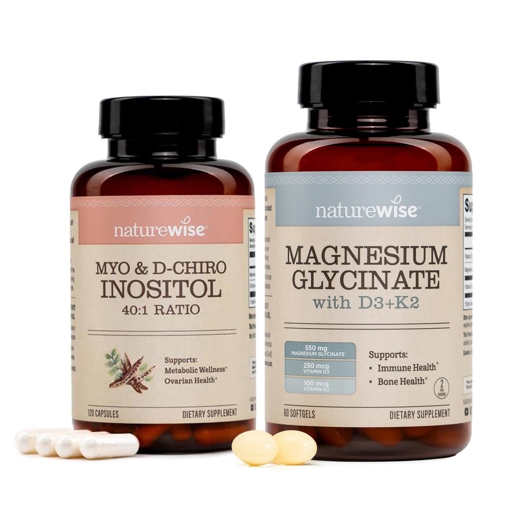 NatureWise Myo-Inositol & D-Chiro Inositol Supplément pour femmes - Idéal rapport 40:1 [Approvisionnement de 30 jours] + Magnésium Glycinat 550mg + 10000 UI Vitamine D3 + K2 - Chélaté pour une absorption élevée [Approvisionnement de 30 jours]