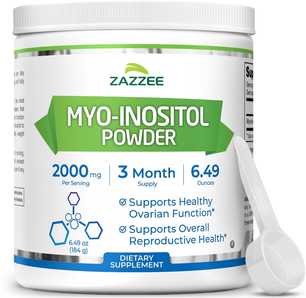 Zazzee Myo-Inositol Powder, 3 Month Supply, 92 Servings, 2000 mg per Serving, Free Scoop for Exact Dosage, 6.49 Ounces, Certified Kosher, 100% Pure, Fertility & Reproductive Support, Made in the USA