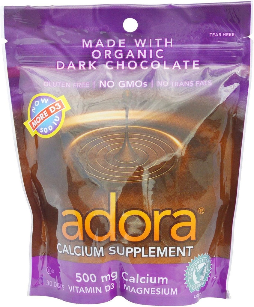 Disque de supplément de calcium Adora, chocolat noir biologique, 30 comtes (paquet de 12)