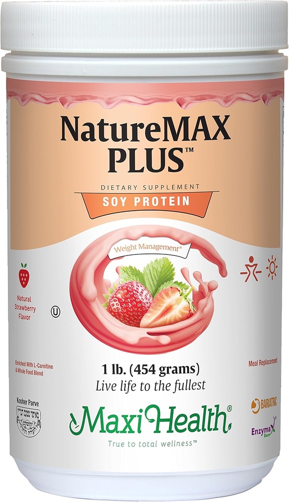 Maxi-Health NatureMAX PlusTM Energy Support Drink Poudre de protéines de soja - Supplément sans sucre - 20g de protéines par portion - Saveur naturelle de fraise - Vitamine casher - 1lb