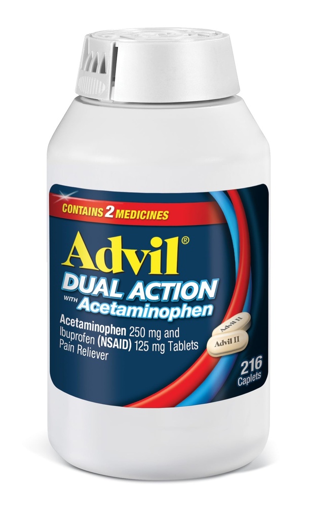 Advil Dual Action Coated Caplets, 125 Mg Ibuprofen and 250 Mg Acetaminophen per Dose (2 Dose Equivalent) for 8 Hour Pain Relief - 216 Count