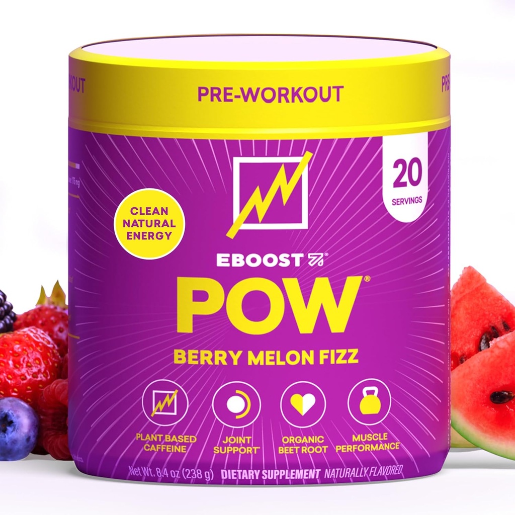 EBOOST POW Poudre pré-entraînement naturelle - 20 portions - Berry Melon Fizz - Supplément pré-entraînement pour la performance, le soutien de la mobilité conjointe, l'énergie, focus - Hommes et femmes - Non-OGM, sans gluten, sans créatine
