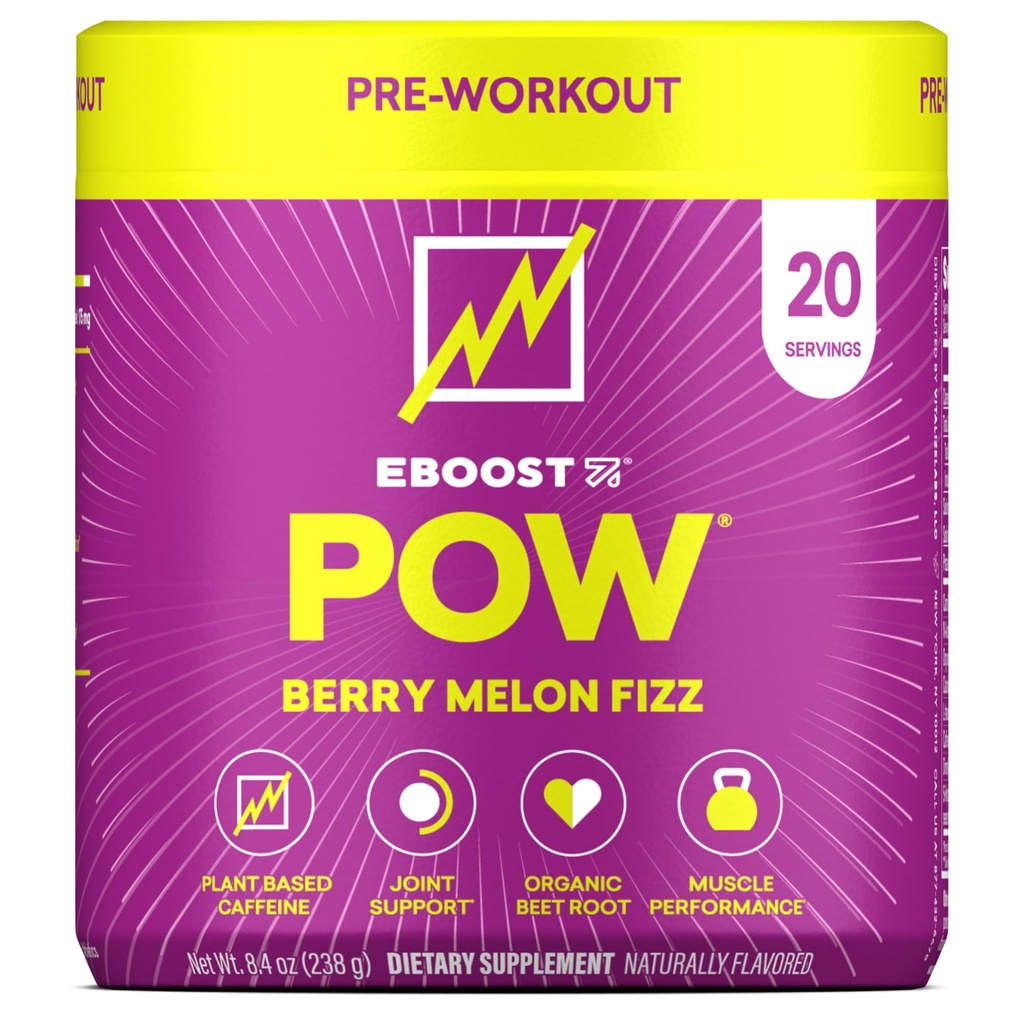 EBOOST POW Poudre pré-entraînement naturelle - 20 portions - Berry Melon Fizz - Supplément pré-entraînement pour la performance, le soutien de la mobilité conjointe, l'énergie, focus - Hommes et femmes - Non-OGM, sans gluten, sans créatine