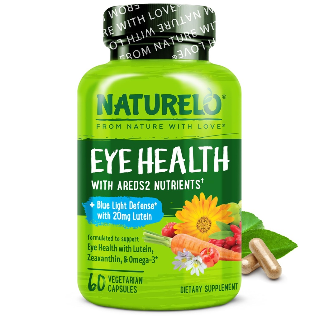 NATURELO Vitamines oculaires - AREDS 2 Formule Nutriments avec Lutéine, Zeaxanthin, Vitamine C, E, Zinc, Plus DHA - Supplément pour Yeux secs, Vision saine, Soutien oculaire - 60 Capsules Vegan