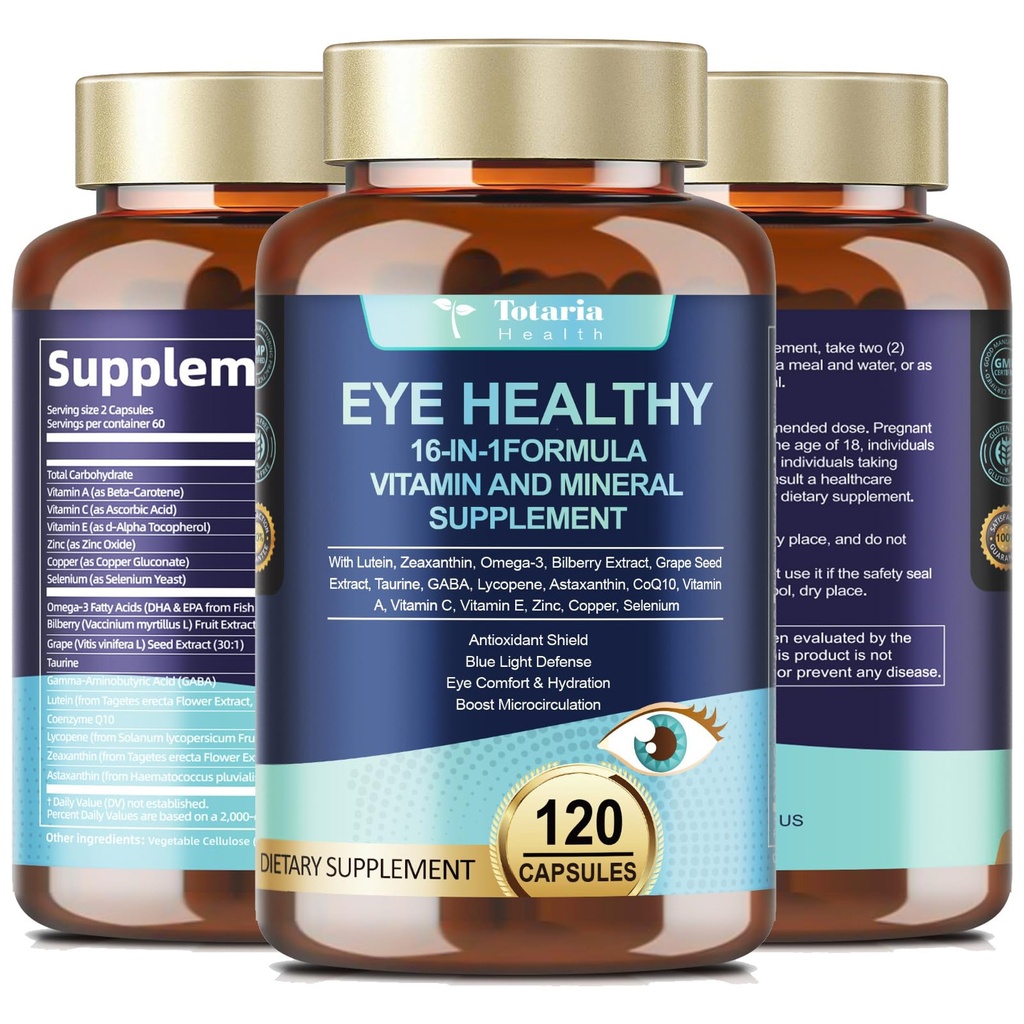 AREDS 2 Vitamines oculaires et extrait minéral de bilberry Oméga-3, Vitamine oculaire pour les aînés Santé maculaire et oeil sec, Vitamines oculaires Lutéine et Zeaxanthin Support de la souche oculaire et de l'hydratation (120 capsules)