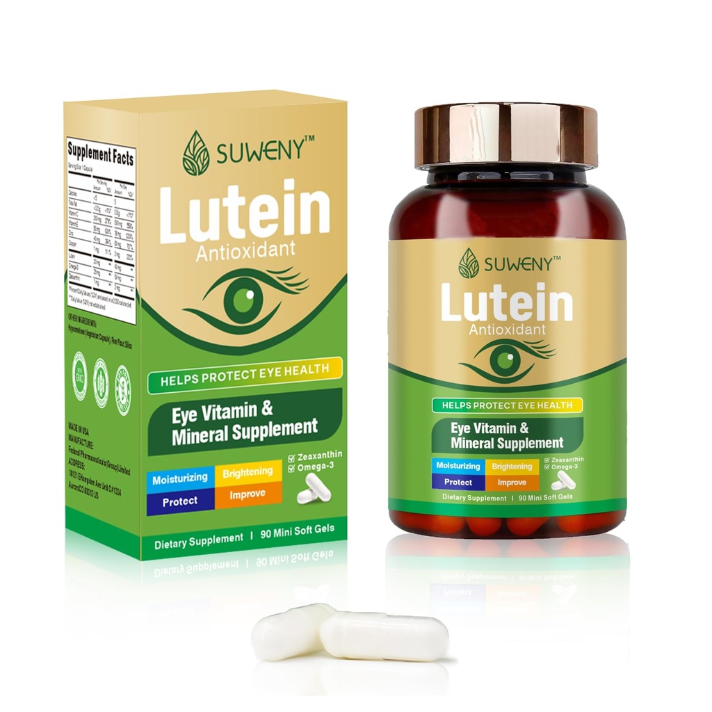 Lutéine Vitamines pour les yeux Supplément pour les adultes - 90 Capsules, soutient la santé des yeux avec Zeaxanthin, Zinc, Vitamines C & E, Vegan Formula for Blue Light Protection & Macular Support (1)