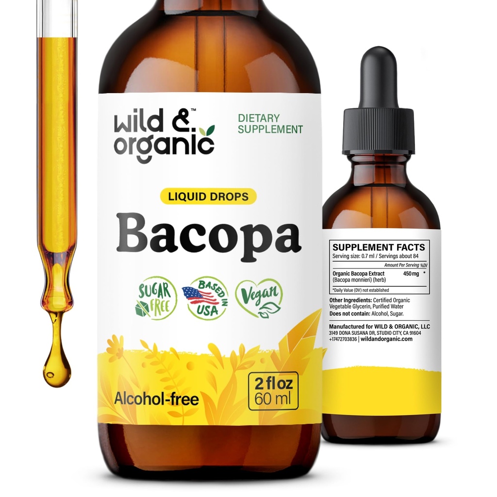 Teinture de Bacopa sauvage et biologique - Supports Calme, Focus, Clarity - Bacopa Monnieri supplément liquide - gouttes sans alcool avec extrait de Brahmi - végétalien, sans sucre - 2 mois d'approvisionnement - 2 fl oz