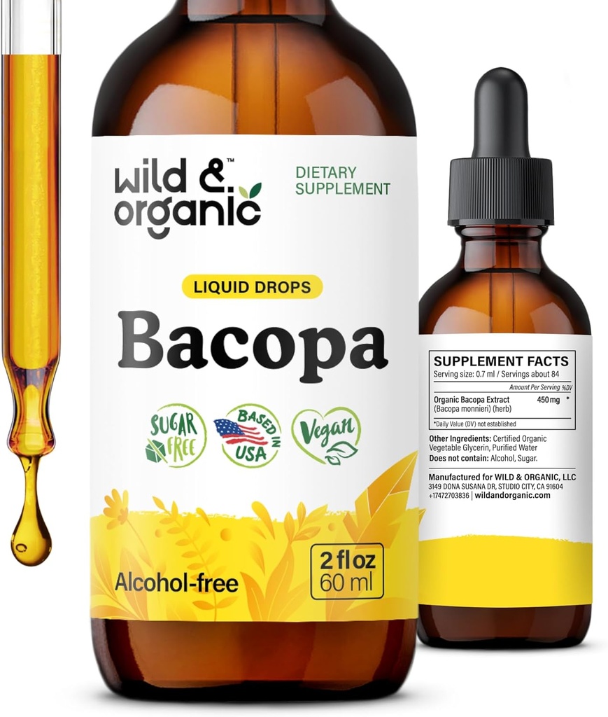 Teinture de Bacopa sauvage et biologique - Supports Calme, Focus, Clarity - Bacopa Monnieri supplément liquide - gouttes sans alcool avec extrait de Brahmi - végétalien, sans sucre - 2 mois d'approvisionnement - 2 fl oz