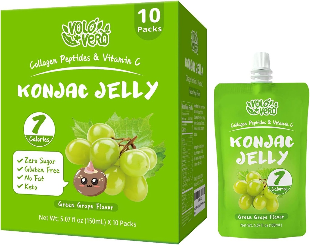 Konjac Jelly Pouch Saveur de raisin vert buvable, Calories basses (7 Kcal), 10 paquets, sans gluten, sucre zéro, kéto, peptides de collagène, vitamine C collations de fruits doux et sains Cadeaux