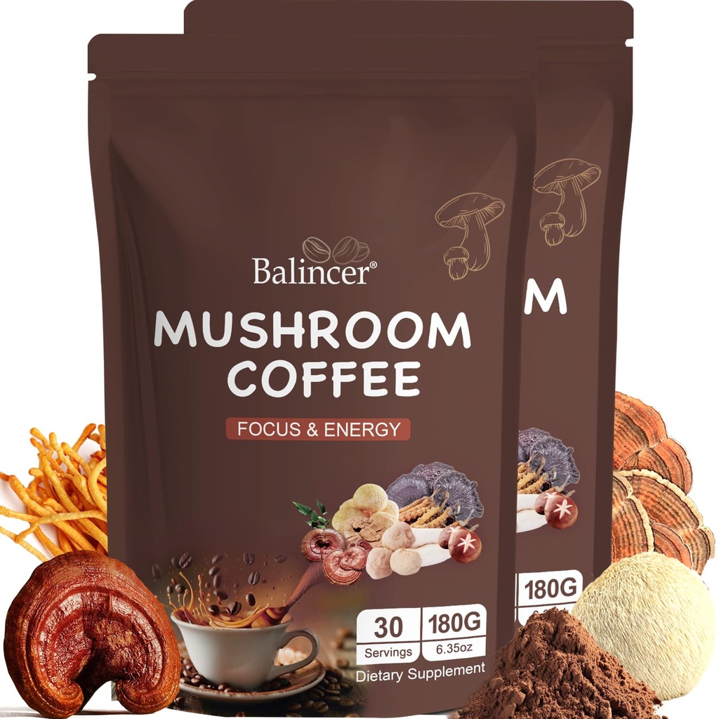 Mushroom Coffee, 6 Adaptogenic Mushrooms (Lion's Mane, Cordyceps, Turkey Tail & Other) Mixed with Premium Instant Coffee for Focus, Energy, Immune and Gut Health Support, 60 Servings