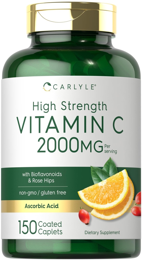 Carlyle Vitamine C 2000mg. avec des hanches roses 150 Caplets. Végétarien, non-OGM, supplément sans gluten