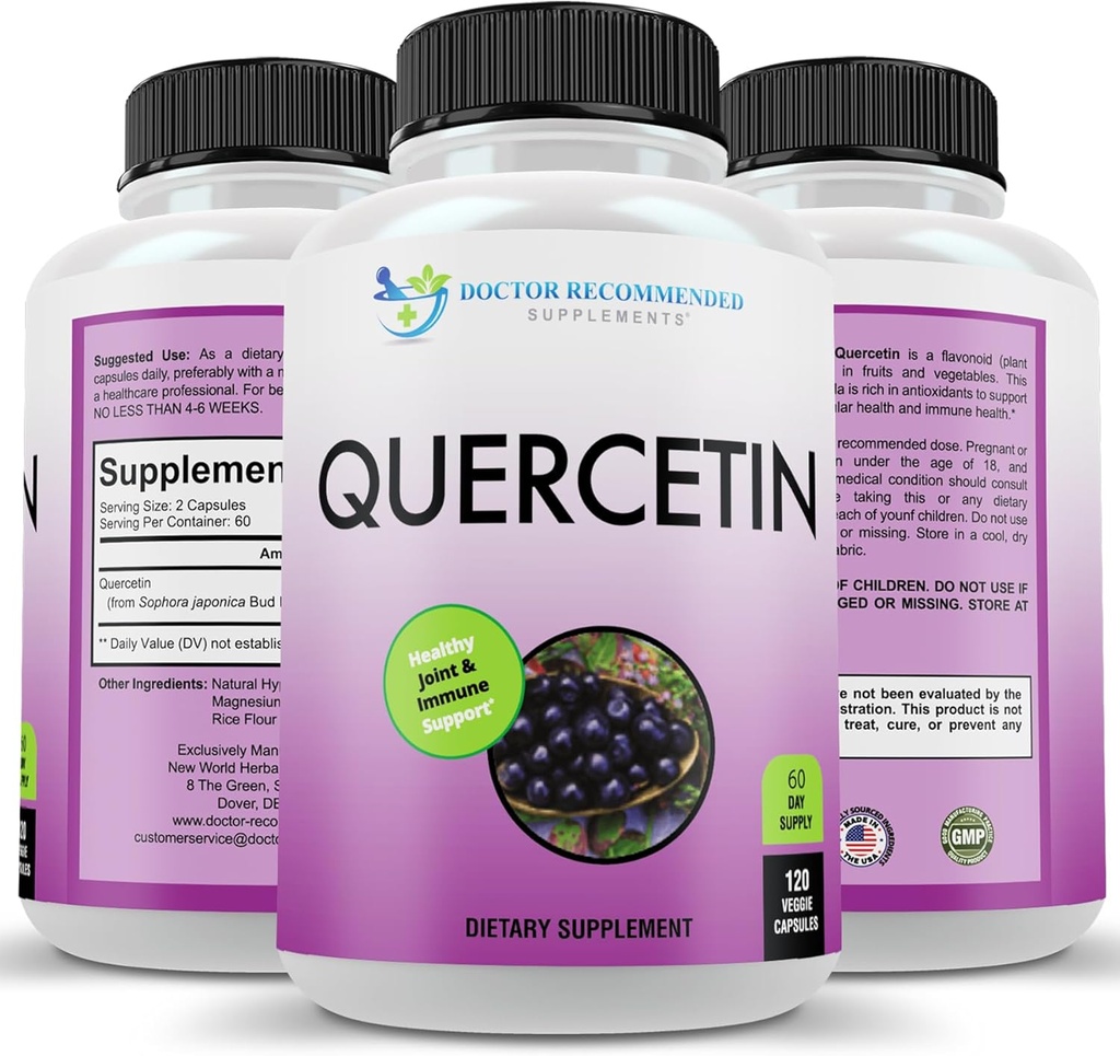 DOCTEUR COMPLÉMENTS RECOMMANDÉS Quercetin 1000mg par portion - 120 Capsules de Veggie, supplément de vitamine, approvisionnement de 60 jours, (Vegan et non-OGM)