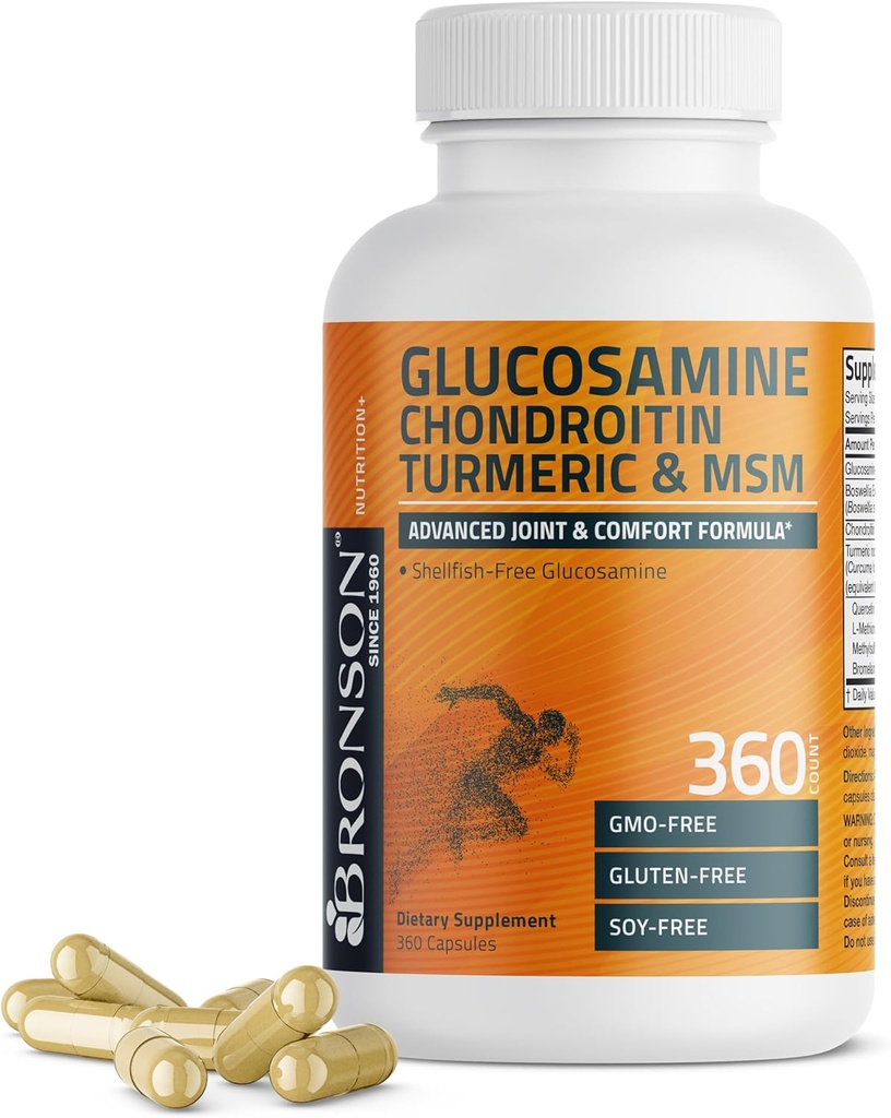 Bronson Glucosamine Chondritine Turmeric & MSM Advanced Joint & Cartilage Formula, soutient les articulations saines, la mobilité et le cartilage - Non-OGM, 360 Capsules