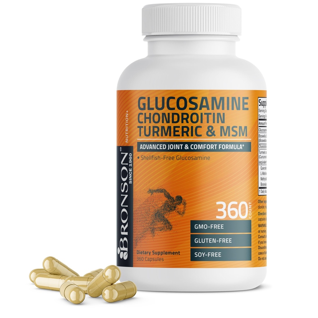 Bronson Glucosamine Chondritine Turmeric & MSM Advanced Joint & Cartilage Formula, soutient les articulations saines, la mobilité et le cartilage - Non-OGM, 360 Capsules