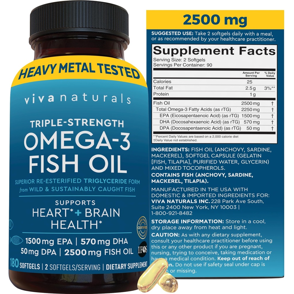 Supplément à l'huile de poisson Omega 3 triple résistance pour les hommes et les femmes – 2500 mg de supplément à haute capacité, facile à absorber Triglycéride réestérifié forme, pescatarien-friendly DPA EPA DHA Omega 3, 180 Softgels