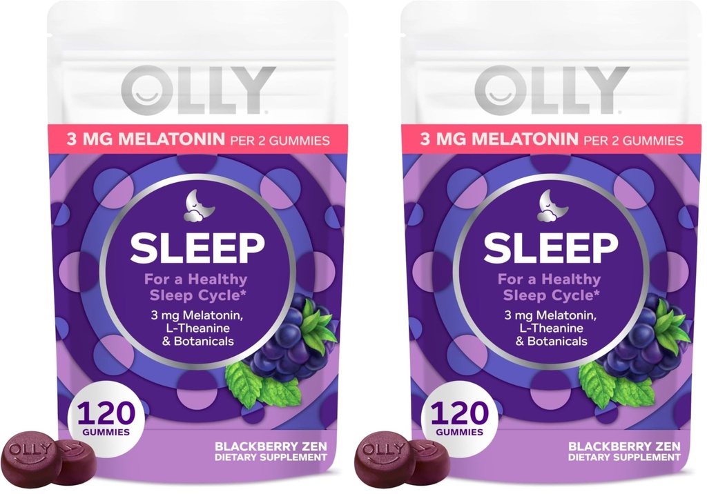 OLLY Sleep Gummy,3 mg Melatonin,L-Theanine,Chamomile,and Lemon Balm Extracts,BlackBerry Flavor,60 Day Supply -,120 Count (Pack of 2)