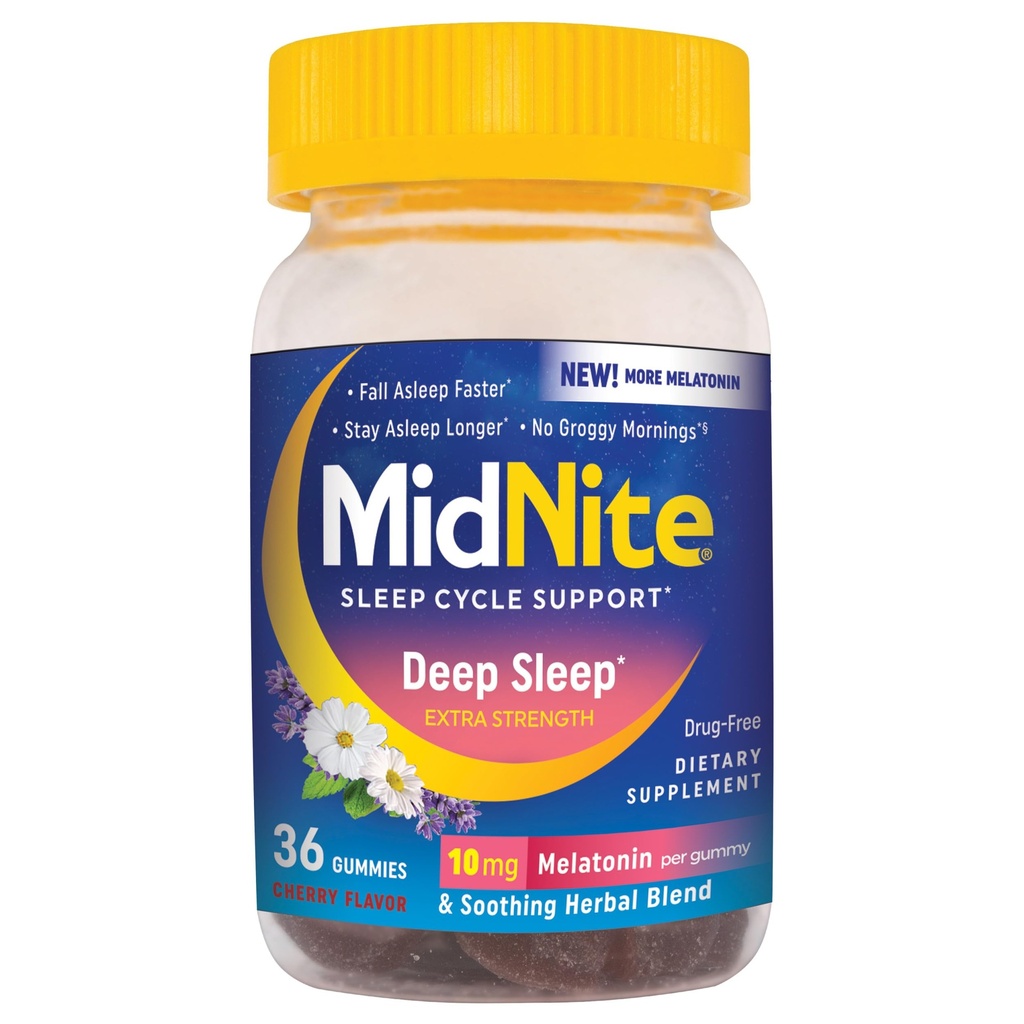 MidNite Sleep Deep Extra Strength, 10 mg Melatonin aide au sommeil, non-habitant formant, supplément alimentaire à base de plantes pour adultes, sans médicament, sans gluten, sans lactose, sans végétarienne, 36 gommes
