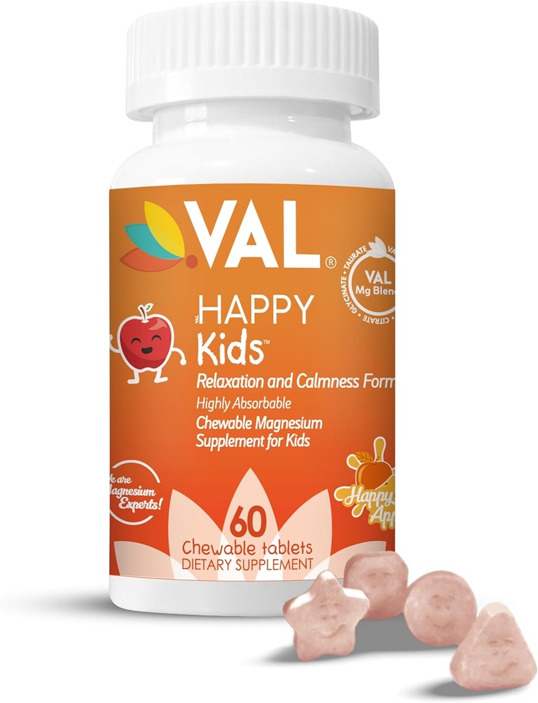 Magnésium VAL pour les enfants de haute absorption Magnésium pour calme, relaxation et focus de Mg Glycinate, Citrate et Taurate de vitamine B6, D & C de D & C de 60 comprimés à croquer