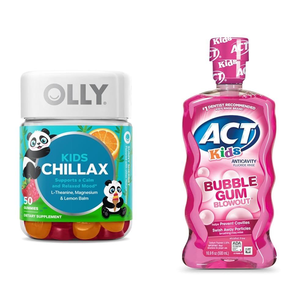 OLLY Kids Calm Chews 50ct & ACT Kids Anticavity Fluoride Rinse Bubble Gum 16.9 fl oz (Pack of 1)