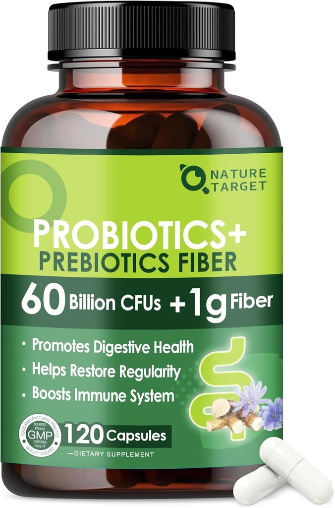 Probiotiques pour les femmes et les hommes santé digestive avec fibre prébiotique - Supplément de fibre avec 60 milliards de probiotique pour la régularité et le nettoyage de la gueule - soutient Constipation occasionnelle - 120 Capsules de Veggie
