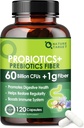 Probiotiques pour les femmes et les hommes santé digestive avec fibre prébiotique - Supplément de fibre avec 60 milliards de probiotique pour la régularité et le nettoyage de la gueule - soutient Constipation occasionnelle - 120 Capsules de Veggie