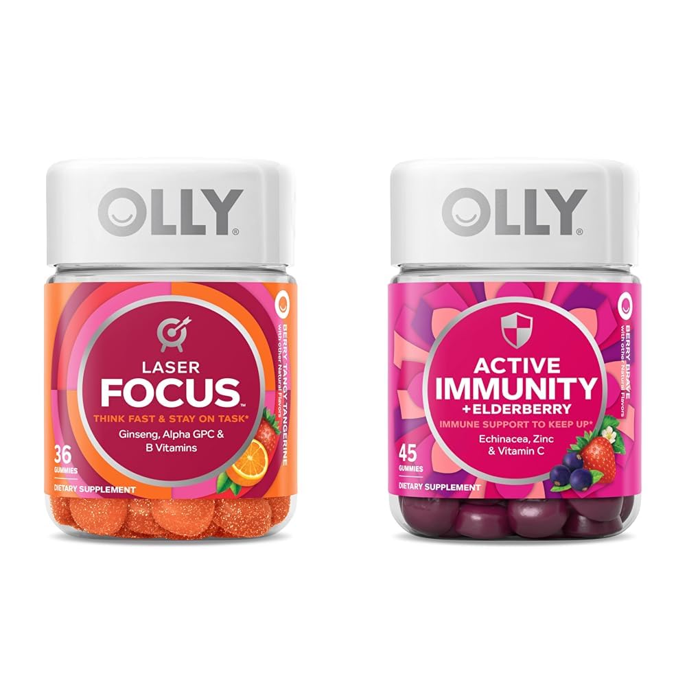 OLLY Laser Focus Ginseng Alpha GPC B Vitamins 36 Count & Active Immunity Elderberry 45 Gummies