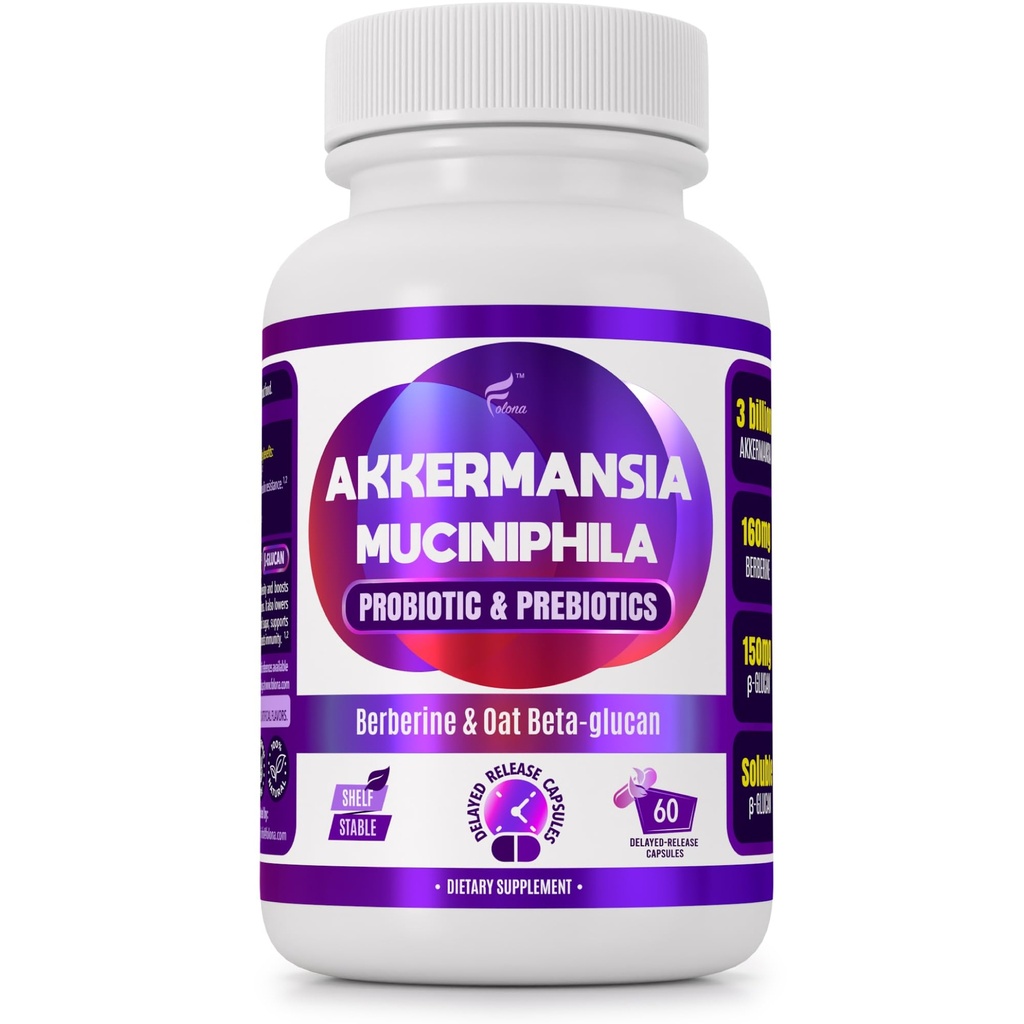 Probiotique Akkermansia GLP-1 avec fibre prébiotique berbère et bêta-glucane soluble; 3 milliards d'UFU, 60 capsules (2 mois d'approvisionnement) pour Gut Health Support