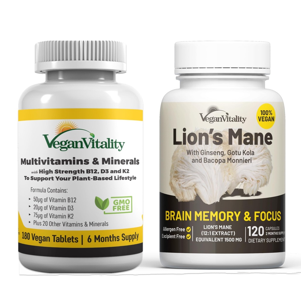 Vitalité Vegan Brain Nutrition Bundle - Lions Mane Nootropic Capsules et Multivitamines Vegan. Suppléments végétaux de haute résistance pour la mémoire et la santé globale des végétaliens et des végétariens