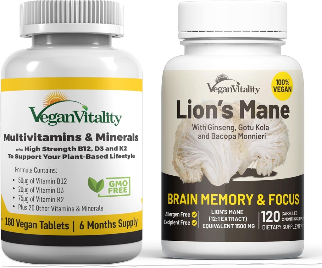 Vitalité Vegan Brain Nutrition Bundle - Lions Mane Nootropic Capsules et Multivitamines Vegan. Suppléments végétaux de haute résistance pour la mémoire et la santé globale des végétaliens et des végétariens