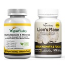 Vitalité Vegan Brain Nutrition Bundle - Lions Mane Nootropic Capsules et Multivitamines Vegan. Suppléments végétaux de haute résistance pour la mémoire et la santé globale des végétaliens et des végétariens