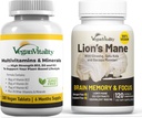 Vitalité Vegan Brain Nutrition Bundle - Lions Mane Nootropic Capsules et Multivitamines Vegan. Suppléments végétaux de haute résistance pour la mémoire et la santé globale des végétaliens et des végétariens