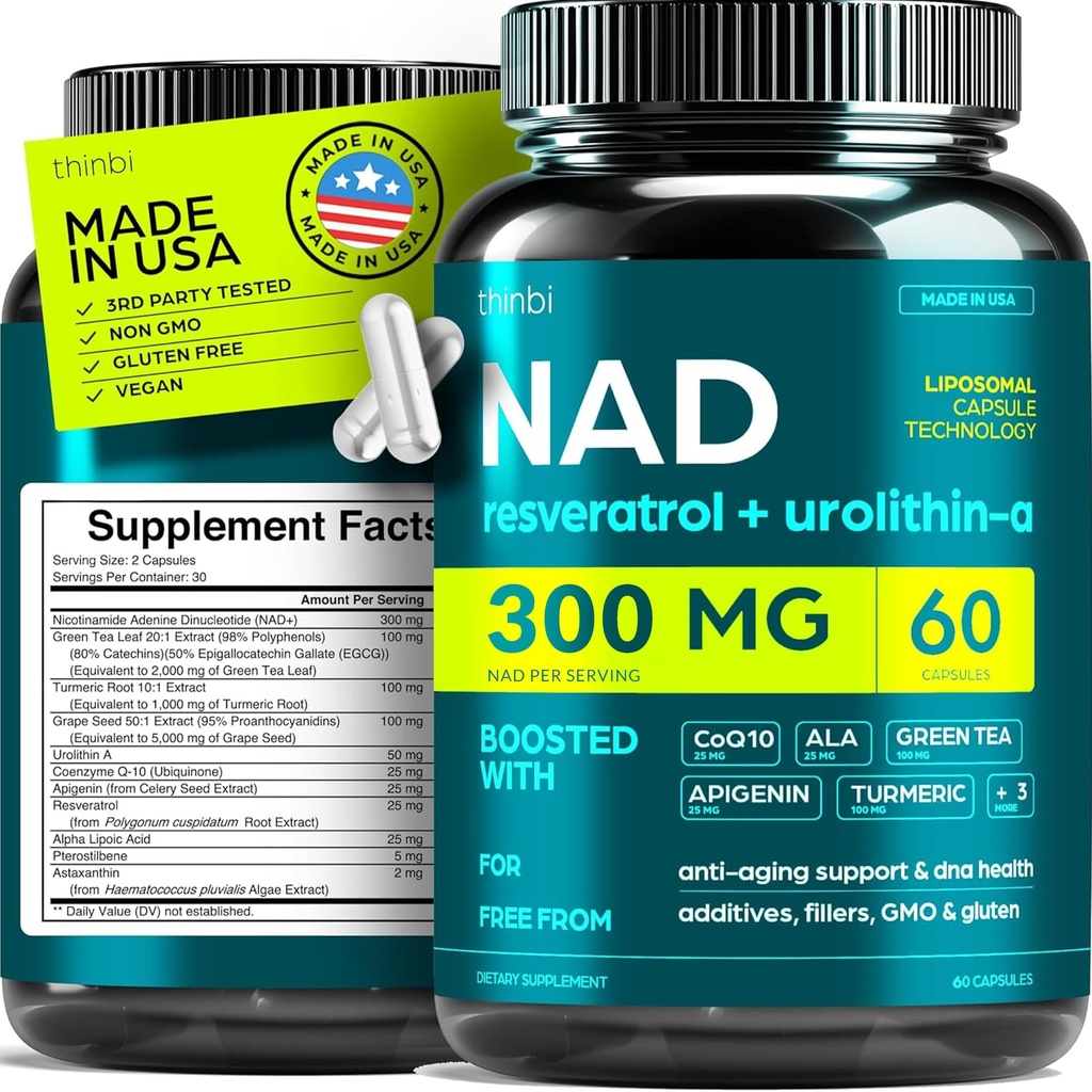 Supplément NAD 300Mg Extra Strength NMN Alternative Liposomal + Thé vert pour les femmes et les hommes avec Urolithine A, Resveratrol, CoQ10, Alpha acide lipoïque