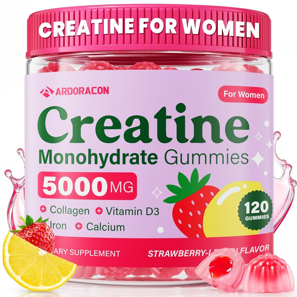 Créatine pour les femmes, Gommies monohydratées de créatine avec collagène, vitamine D3 et calcium pour les muscles, la chaussure et l'énergie, sans sucre aromatisé Gommies de créatine après et avant l'entraînement suppléments pour les femmes, 120 Ct
