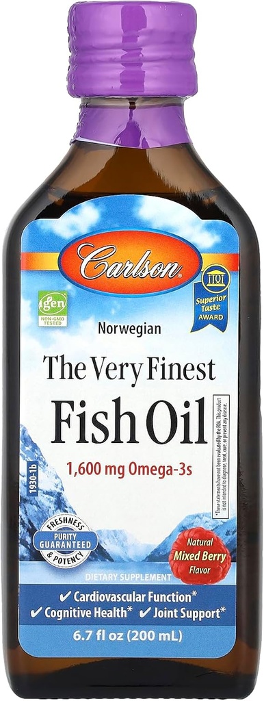 Carlson L'huile de poisson la plus fine, 1600 mg Oméga-3s, mélange d'arôme de baies, 200 mL – Huile de poisson norvégienne liquide, sauvage et source durable