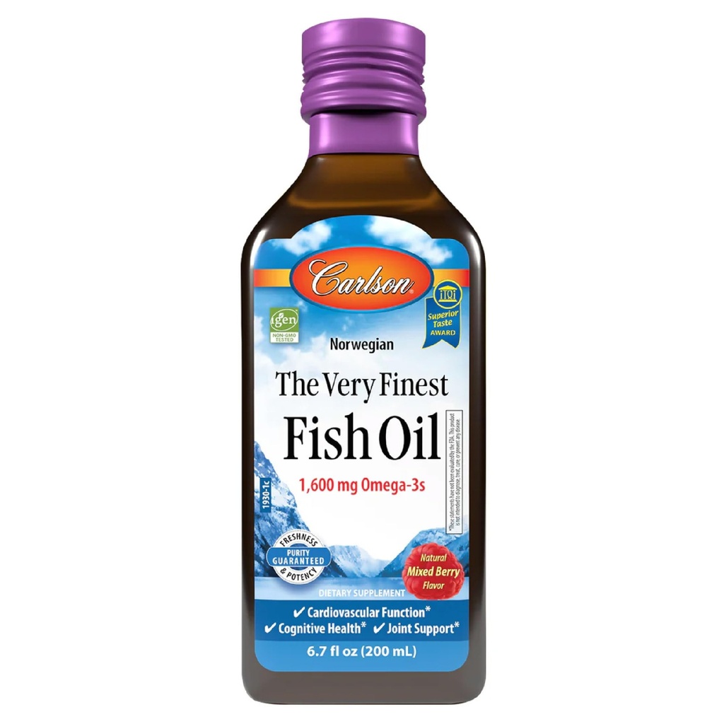 Carlson L'huile de poisson la plus fine, 1600 mg Oméga-3s, mélange d'arôme de baies, 200 mL – Huile de poisson norvégienne liquide, sauvage et source durable