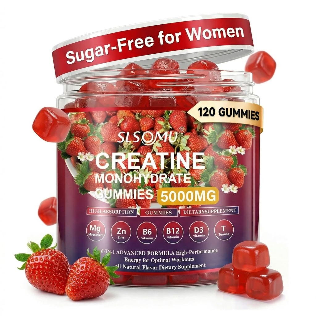 Gommies de créatine pour les femmes, 5000mg Pré-entraînement Muscle force et soutien énergétique, 0 Gommy de créatine de sucre avec L-Taurine, Zinc, B12 B6, Fraise Flavor, Vegan - 120 Gommies