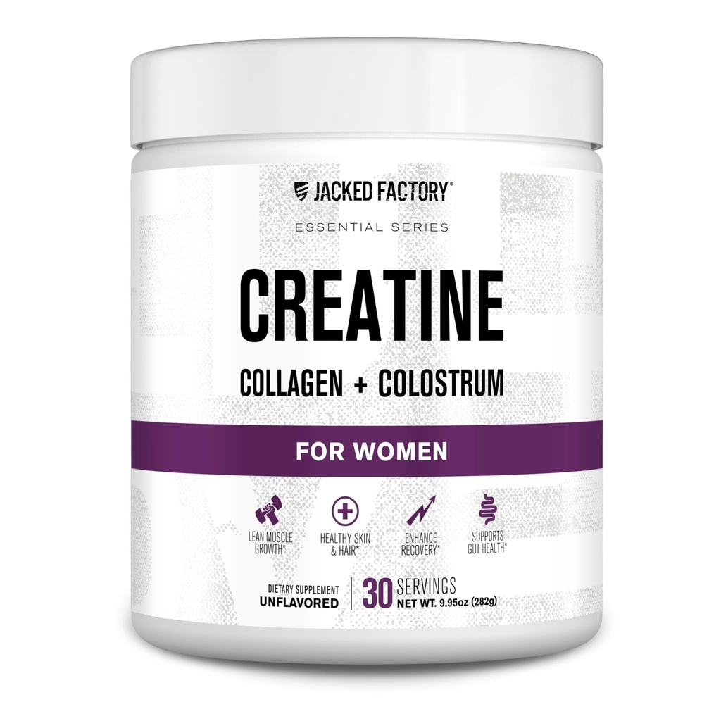 Créatine de l'usine Jacked pour femmes - Créatine monohydratée avec collagène + colostrum pour soutenir la performance d'entraînement, croissance musculaire maigre, cheveux sains, peau et ongles - 30 portions, non aromatisées
