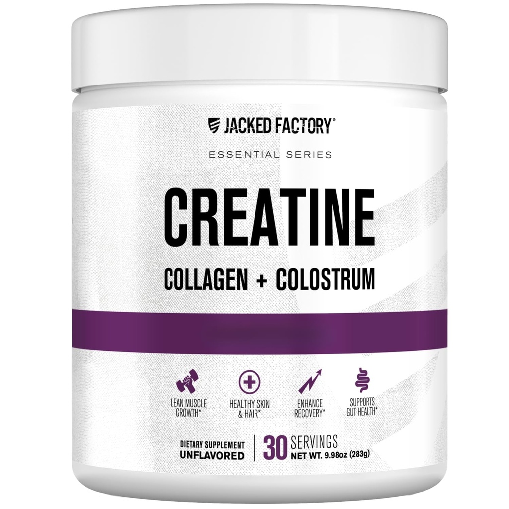 Créatine de l'usine Jacked pour femmes - Créatine monohydratée avec collagène + colostrum pour soutenir la performance d'entraînement, croissance musculaire maigre, cheveux sains, peau et ongles - 30 portions, non aromatisées
