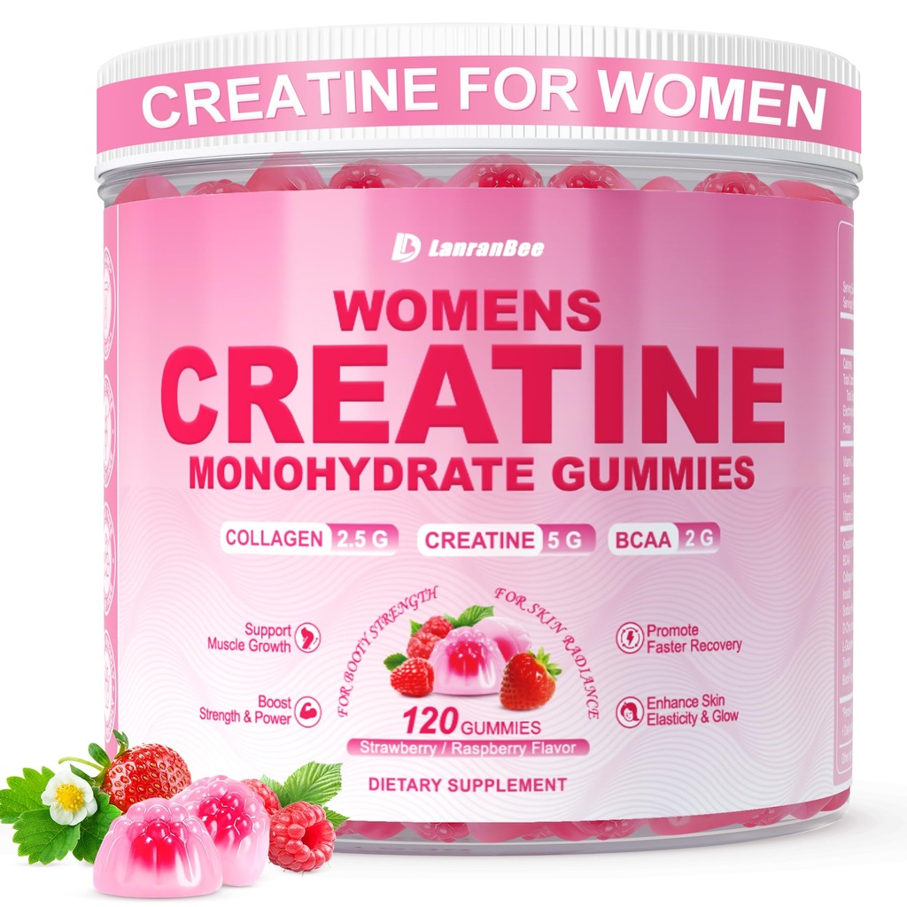 Créatine pour les femmes, crème monohydratée avec collagène, BCAA, L-Carnitine & Taurine, fraise, supplément de créatine d'énergie pour la force musculaire, boost énergétique, sans sucre, 120 comte